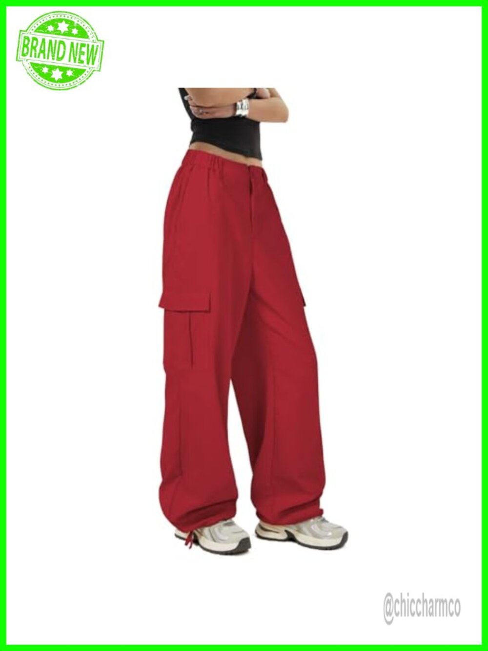 Women's Cargo Parachute Pants High Waist Wide Leg Joggers with Pockets